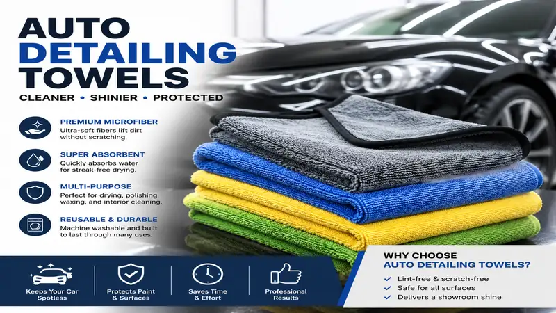 Premium auto detailing towels for polishing, drying, buffing, and protecting vehicle surfaces.