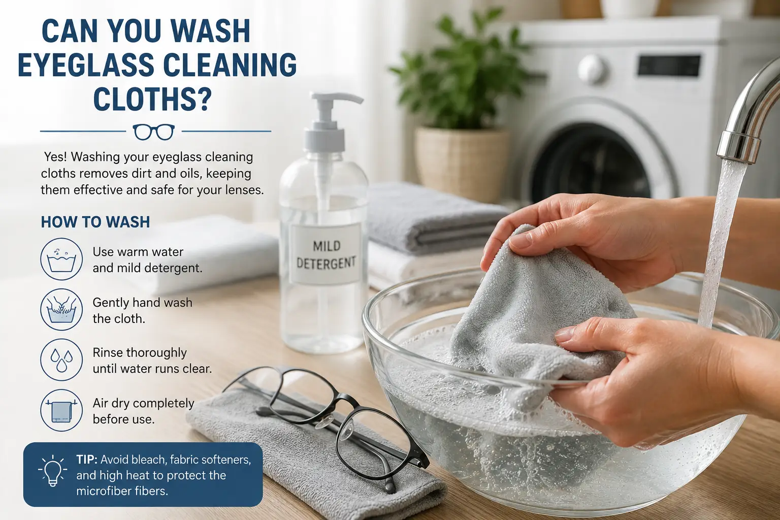 Can you wash eyeglass cleaning cloths? A microfiber cloth is gently washed with mild detergent and warm water.