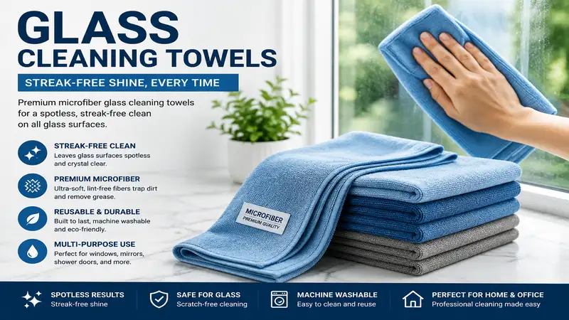 Glass cleaning towels for streak-free cleaning on windows, mirrors, and glass surfaces in homes and offices