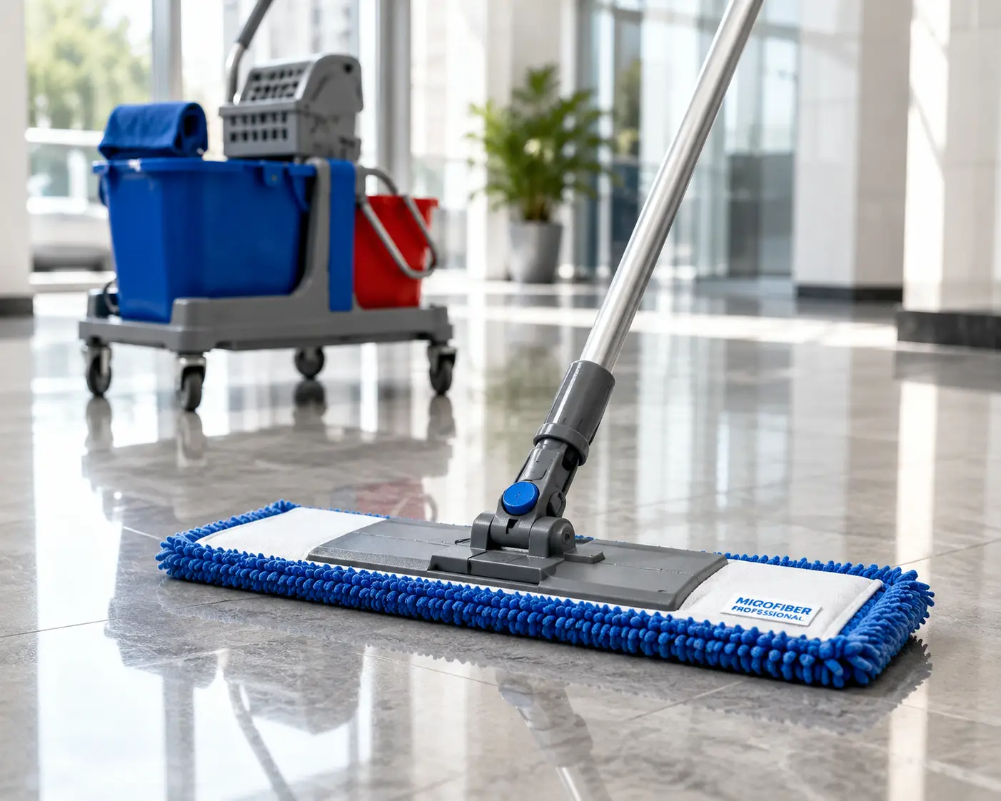 Professional microfiber mop with blue cleaning pad on a polished commercial floor