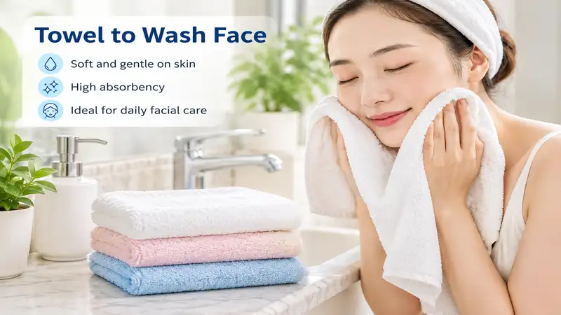 Towel to wash face placed beside a bathroom sink for a gentle daily facial cleansing routine