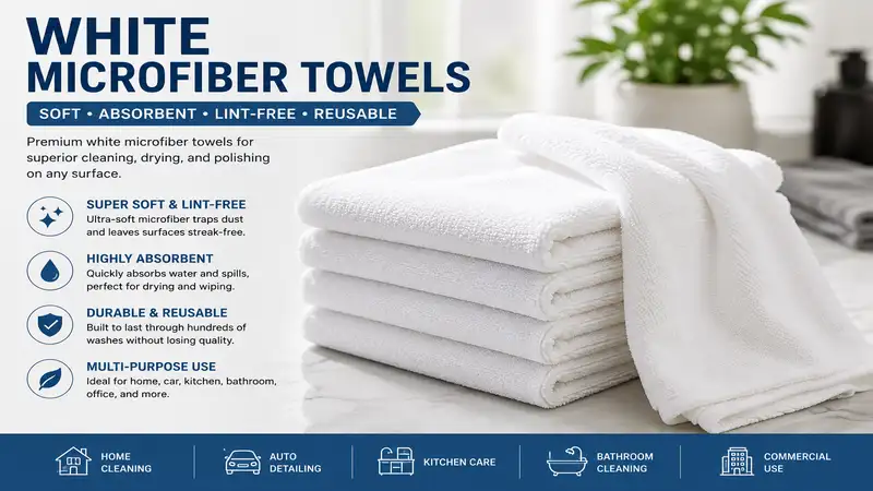 white microfiber towels made from soft, lint-free fabric for versatile cleaning and drying