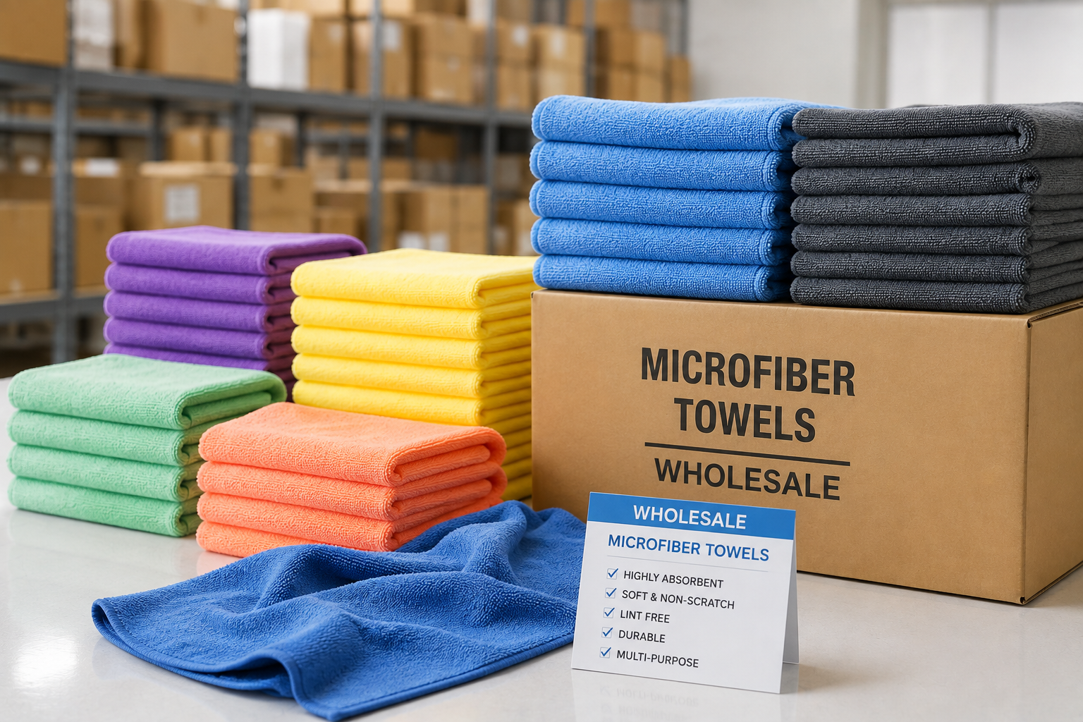 wholesale microfiber towels stacked in a warehouse for bulk commercial supply