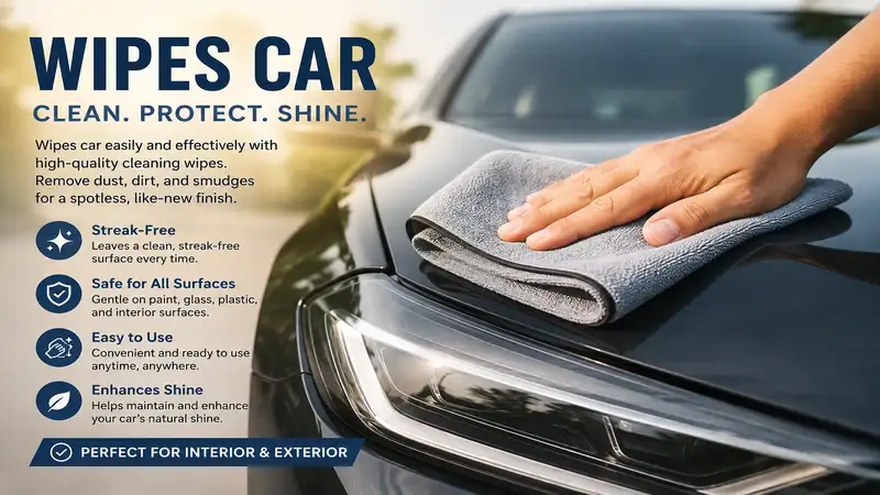 Wipes car with premium cleaning wipes for a spotless, shiny, and protected vehicle finish.