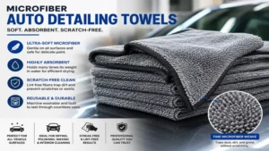 Soft microfiber auto detailing towels designed for scratch-free car cleaning and detailing.