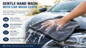 Car wash cloth used for gentle hand washing to remove dirt without damaging paint