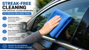 car window microfiber cloth wiping a car side window for a spotless, streak-free finish