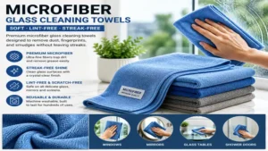 Glass cleaning towels made from soft microfiber for lint-free and streak-free glass cleaning