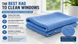 Soft microfiber cloth shown as the best rag to clean windows without leaving lint or streaks.