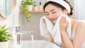 Towel to wash face used as part of a gentle daily skincare routine at the bathroom sink
