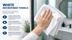 white microfiber towels used for streak-free cleaning on glass, mirrors, and countertops