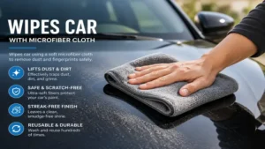Wipes car using a soft microfiber cloth to safely remove dust, dirt, and fingerprints without scratching the paint.