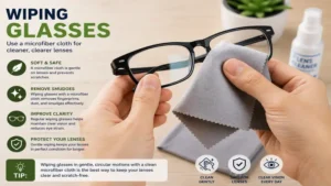 wiping glasses gently with a clean microfiber cloth for clear lenses