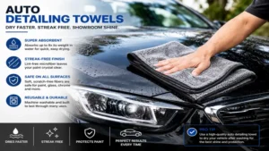 Using auto detailing towels to quickly dry a freshly washed vehicle without leaving streaks.