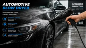 Automotive blow dryer removing water from a freshly washed vehicle