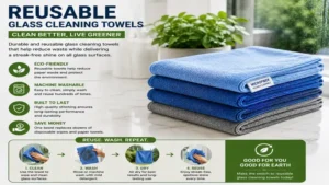 Glass cleaning towels designed for reusable, eco-friendly cleaning of glass and mirror surfaces