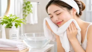 Towel to wash face shown with clean water and facial cleanser for everyday face cleaning