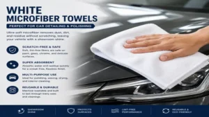 white microfiber towels ideal for car detailing, polishing, and scratch-free surface care