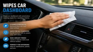 Wipes car dashboard with automotive cleaning wipes to remove dust and keep the interior clean and fresh.