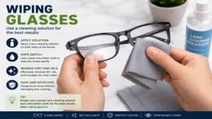 wiping glasses after applying a suitable lens cleaning solution