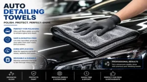 High-quality auto detailing towels polishing a glossy automotive paint finish.