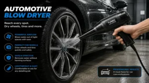 Automotive blow dryer clearing water from car wheels and tires