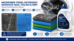 Microfiber towel detergent removes wax, polish, and dirt from microfiber towels