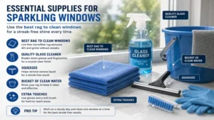 Essential supplies including the best rag to clean windows, spray bottle, and glass cleaner.