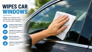 Wipes car windows with streak-free cleaning wipes for crystal-clear visibility and a spotless glass surface.