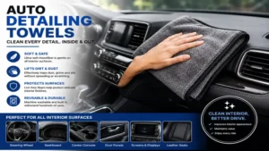 Auto detailing towels cleaning a vehicle dashboard, center console, and interior surfaces.