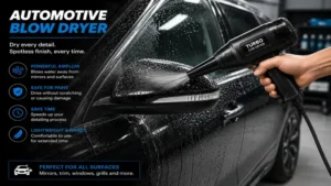 Automotive blow dryer drying water from car mirrors and exterior surfaces