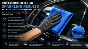 car window microfiber cloth used during vehicle detailing for sparkling clean windows