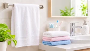 Towel to wash face hanging beside a bathroom sink for convenient daily facial care