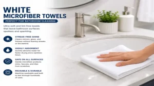 white microfiber towels helping clean sinks, mirrors, and bathroom fixtures without lint