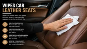 Wipes car leather seats using gentle cleaning wipes to remove dirt while maintaining the leather finish.