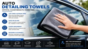 Lint-free auto detailing towels providing crystal-clear results on automotive glass and mirrors.
