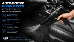 Automotive blow dryer helping dry moisture around a vehicle interior