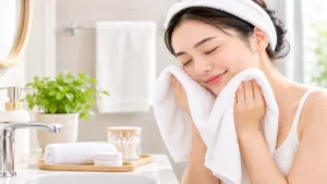 Towel to wash face used after cleansing as part of a simple morning skincare routine