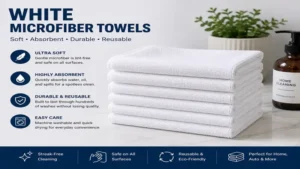white microfiber towels neatly folded and ready for household or commercial cleaning tasks