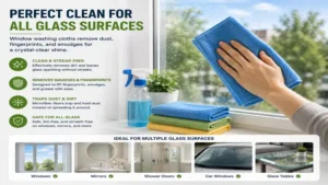 Window washing cloths removing dust, fingerprints, and smudges from all glass surfaces