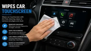 Wipes car touchscreen with lint-free cleaning wipes to remove smudges, fingerprints, and dust safely.