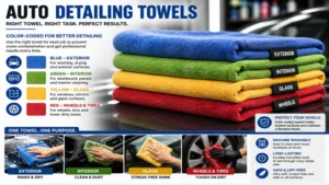 Color-coded auto detailing towels organized for different vehicle detailing tasks.