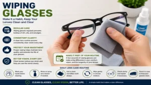 wiping glasses as part of a regular lens care routine