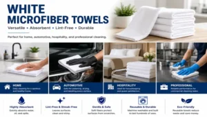 white microfiber towels suitable for home, automotive, hospitality, and professional cleaning use