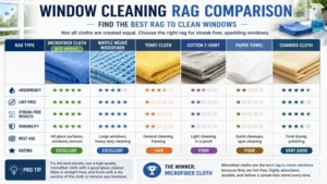 Comparison of fabrics to identify the best rag to clean windows based on absorbency and lint-free performance.