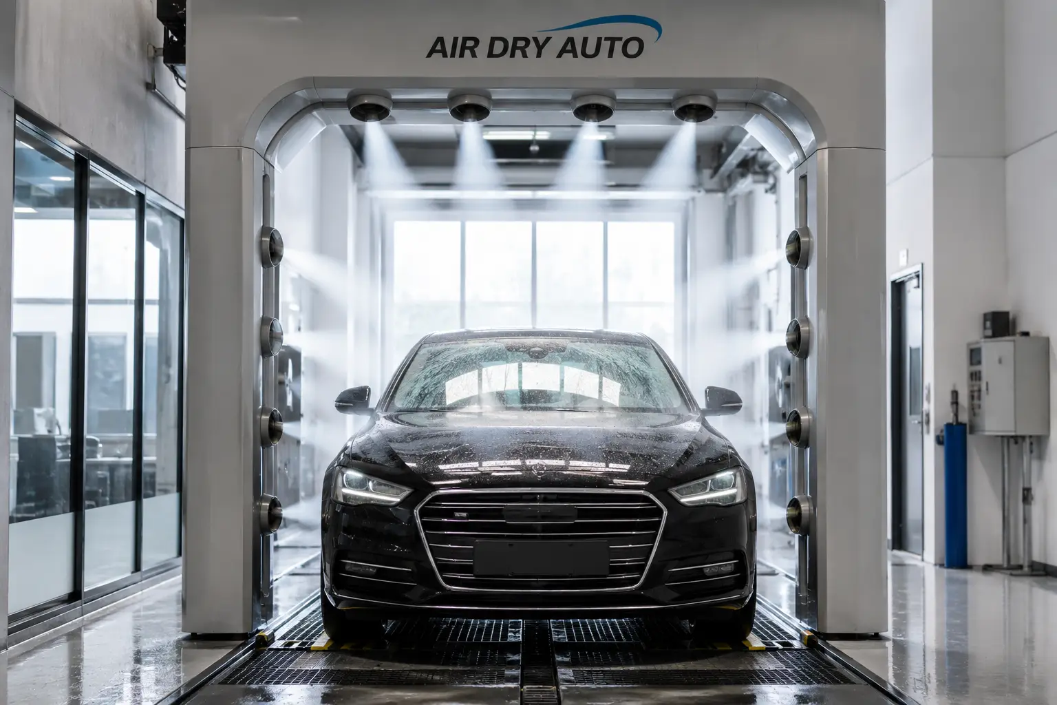 Air dry auto system blowing water from a freshly washed black car in a professional detailing bay