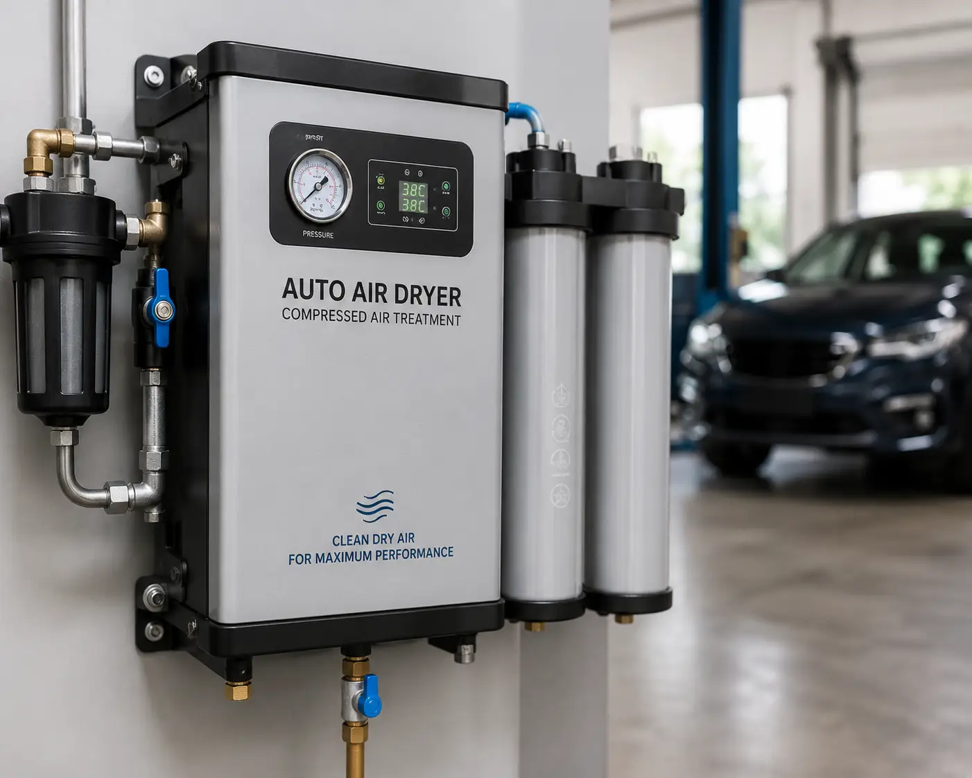 Auto air dryer installed in a garage for removing moisture from compressed air systems.