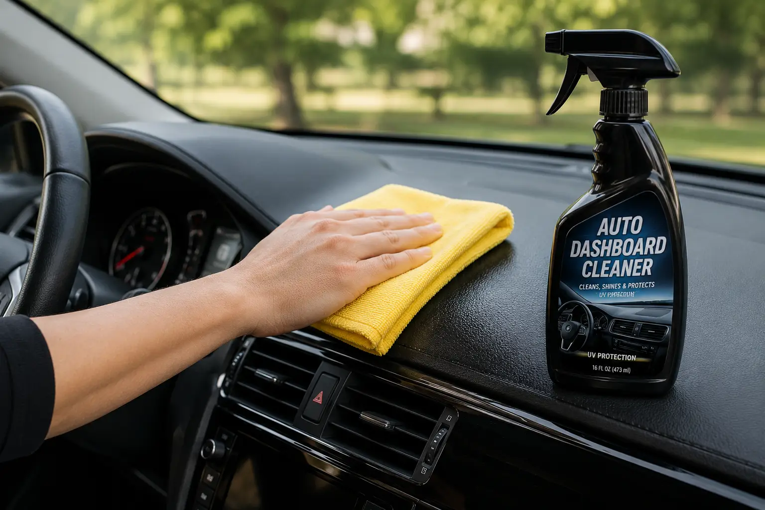 auto dashboard cleaner being used with a microfiber cloth to clean and protect a car dashboard