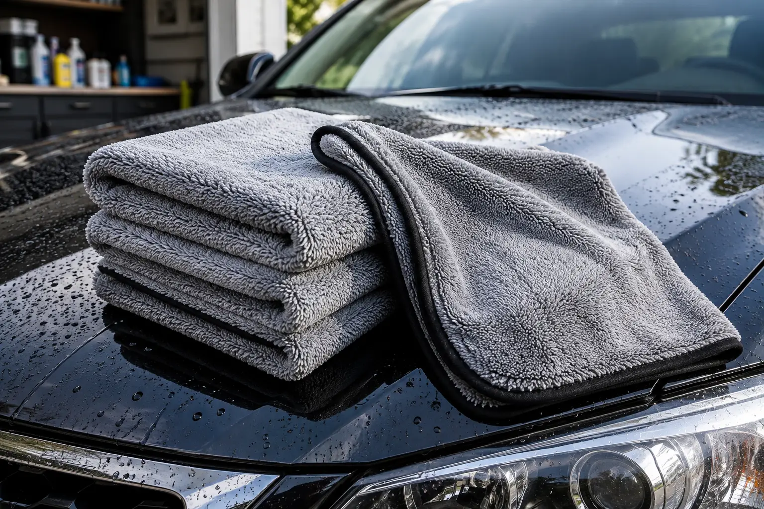 Plush microfiber automotive drying towels resting on a wet black car after washing