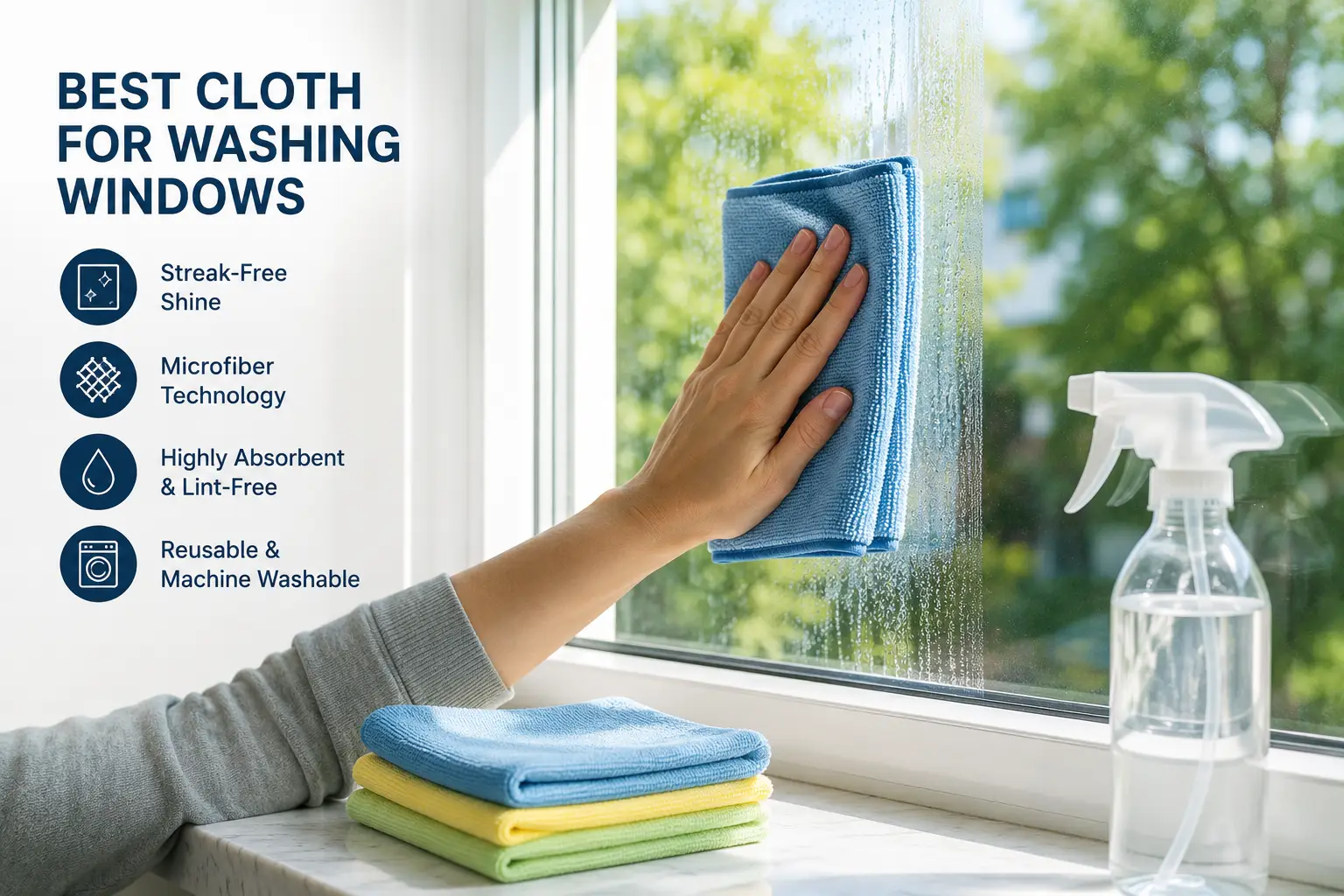Blue microfiber cloth wiping a glass window clean for a streak-free shine, with additional reusable cleaning cloths nearby.